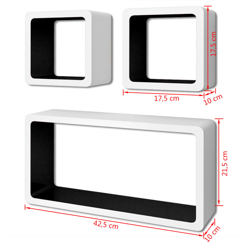 3 Flytande DVD/vägghylla förvaring i MDF kubform svart/vit