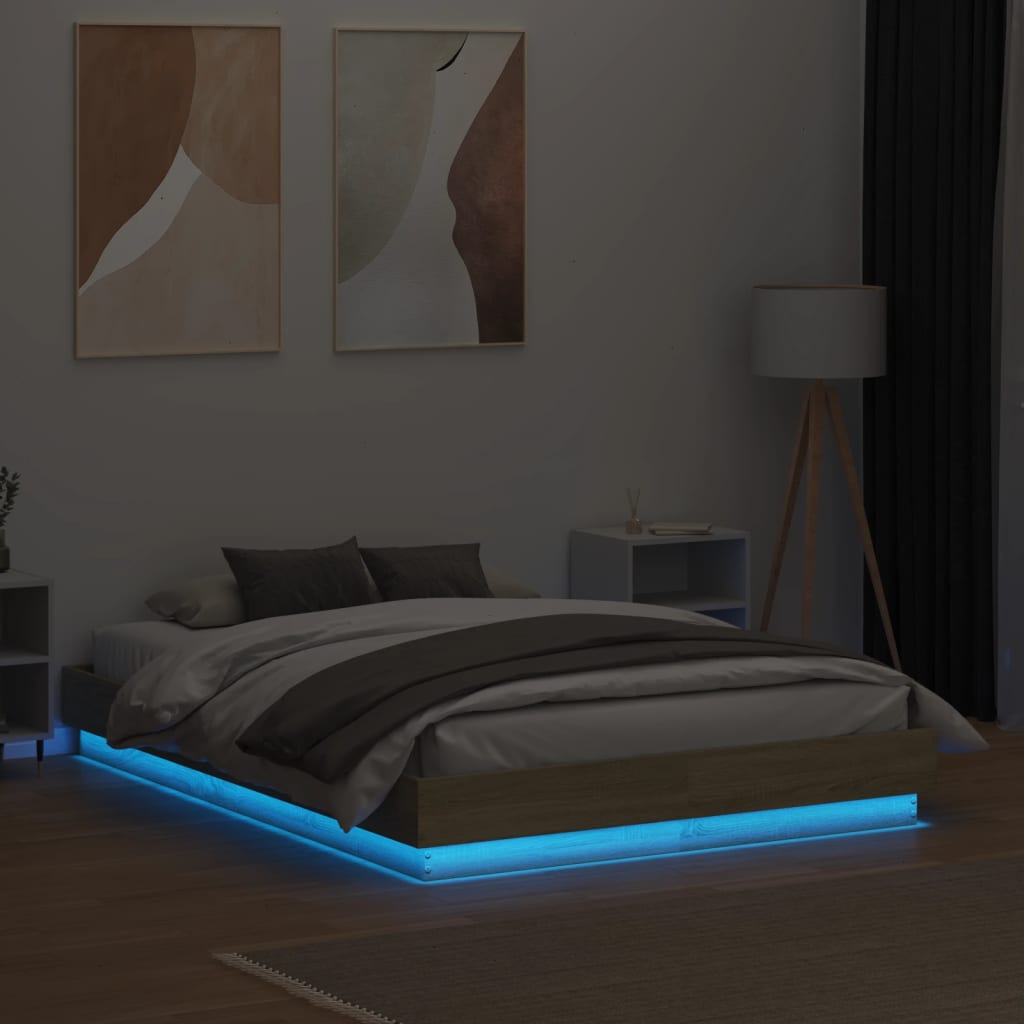 vidaXL Sängram med LEDs sonoma-ek 135x190 cm