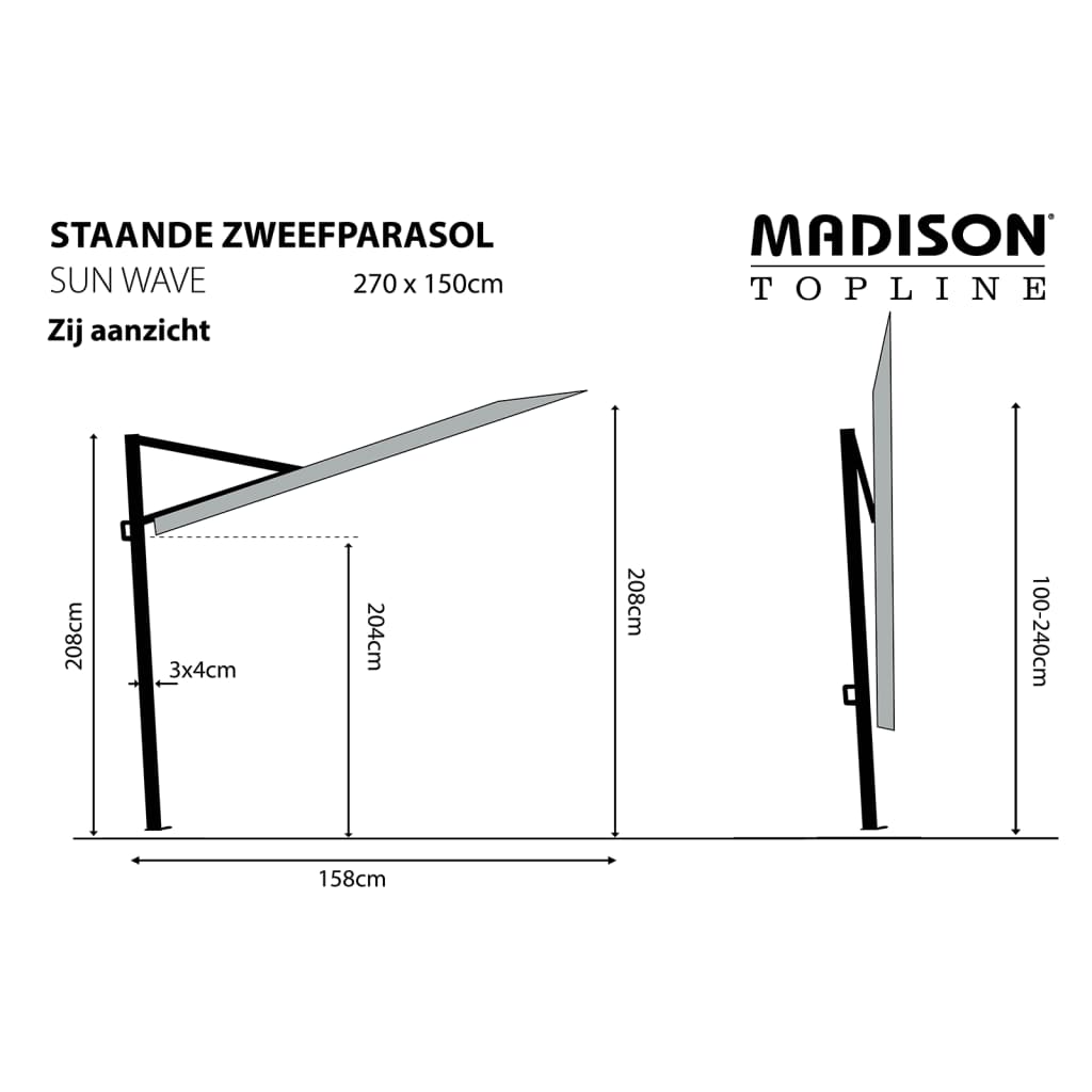 Madison Parasoll för balkongen Sun Wave 270x150 cm grå PAC3P014
