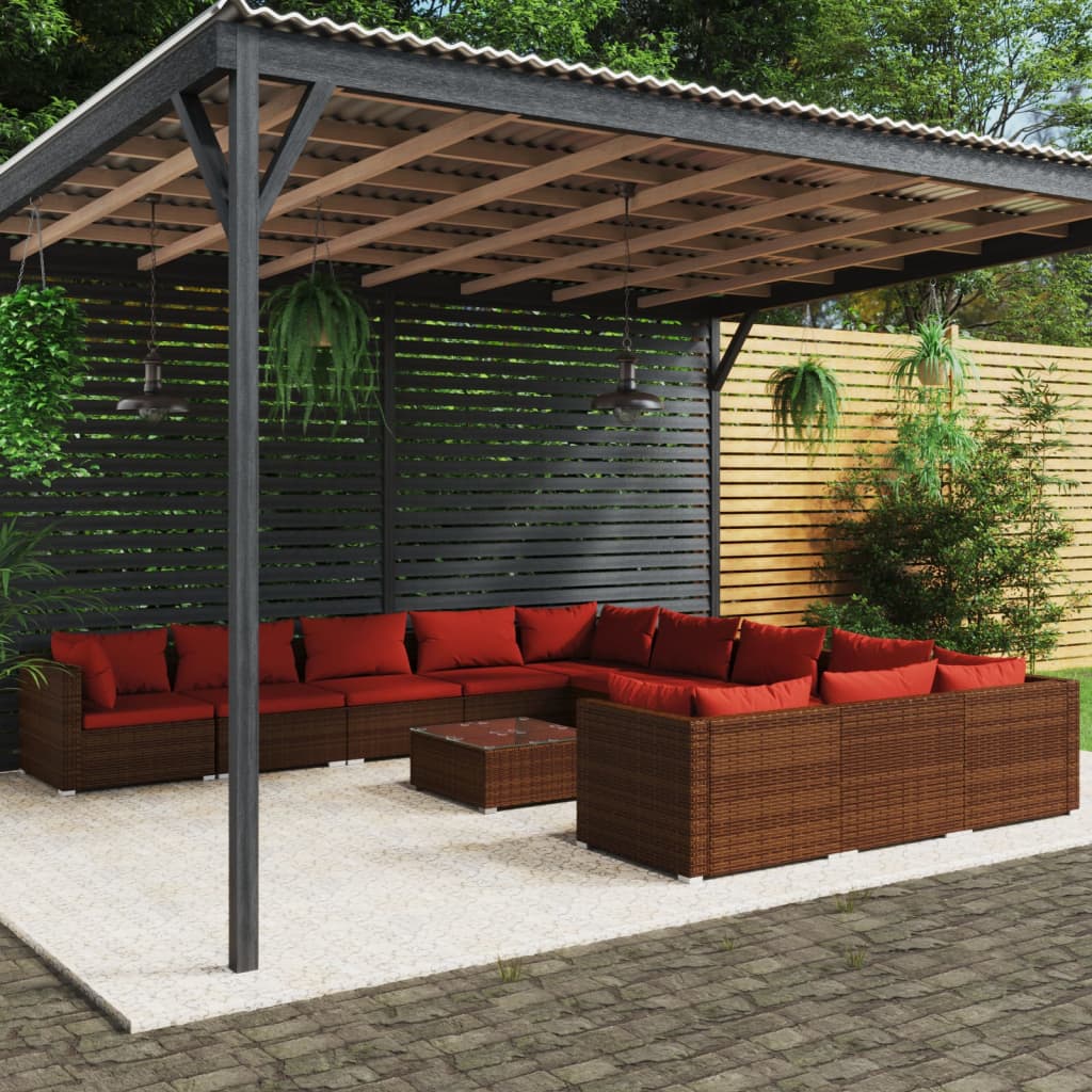 vidaXL Loungegrupp för trädgården med dynor 12delar konstrotting brun