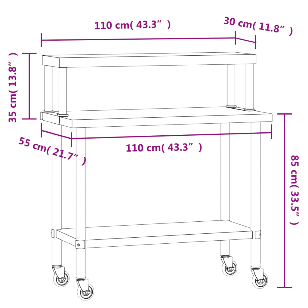 vidaXL Arbetsbord med överhylla 110x55x120 cm rostfritt stål