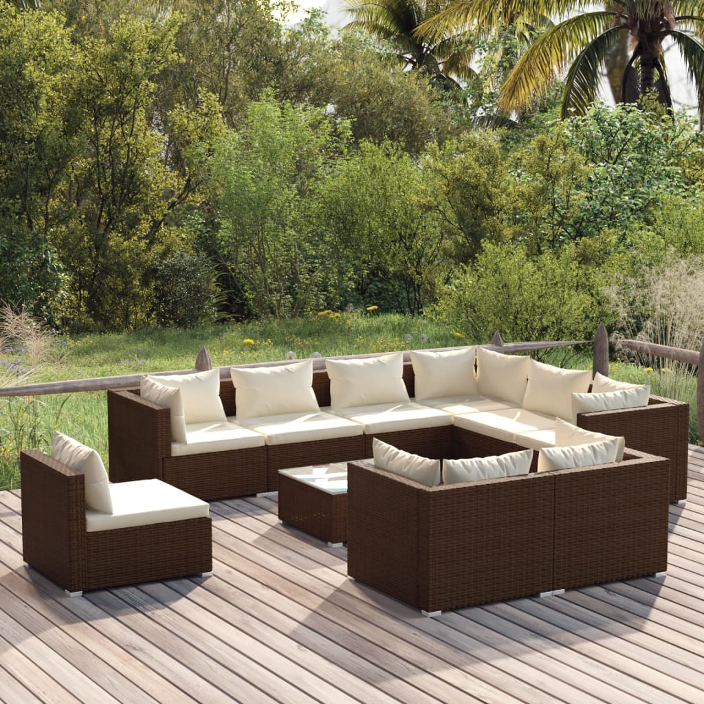 vidaXL Loungegrupp för trädgården m. dynor 10 delar konstrotting brun