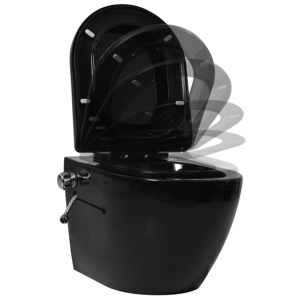 vidaXL Vägghängd toalett kantlös med dold cistern keramik svart