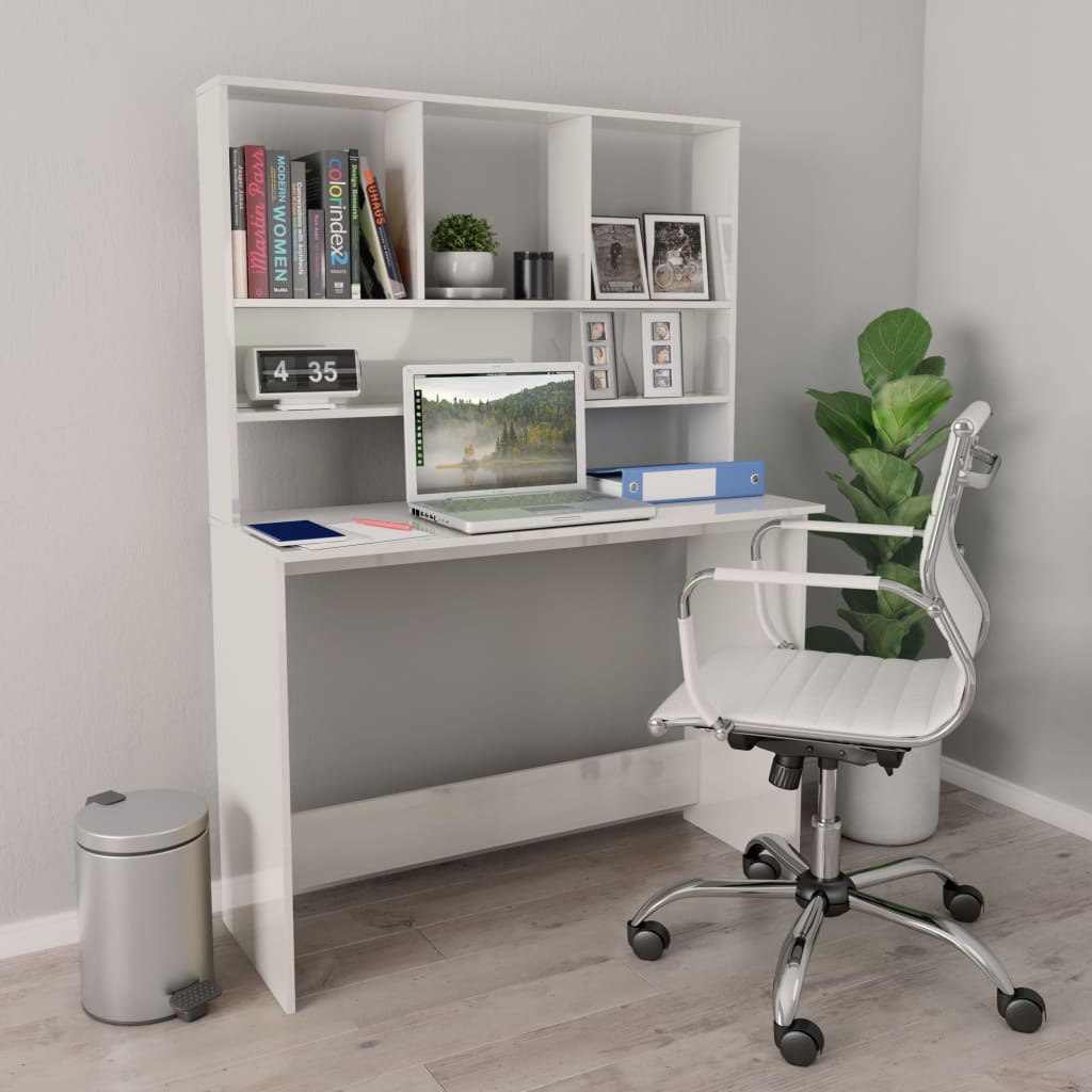 vidaXL Skrivbord med hyllor vit högglans 110x45x157 cm konstruerat trä