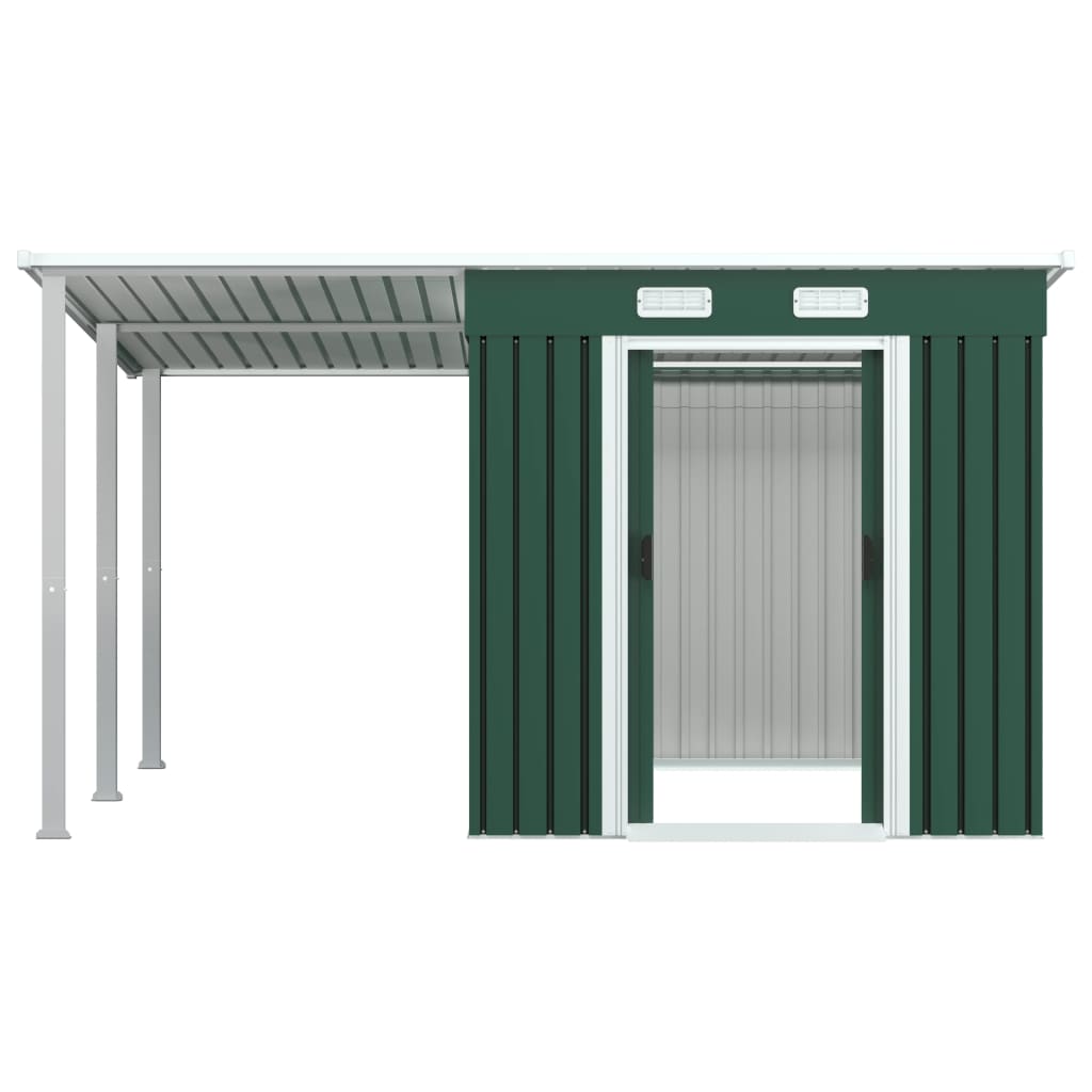 vidaXL Trädgårdsbod med förlängt tak grön 346x236x181 cm stål