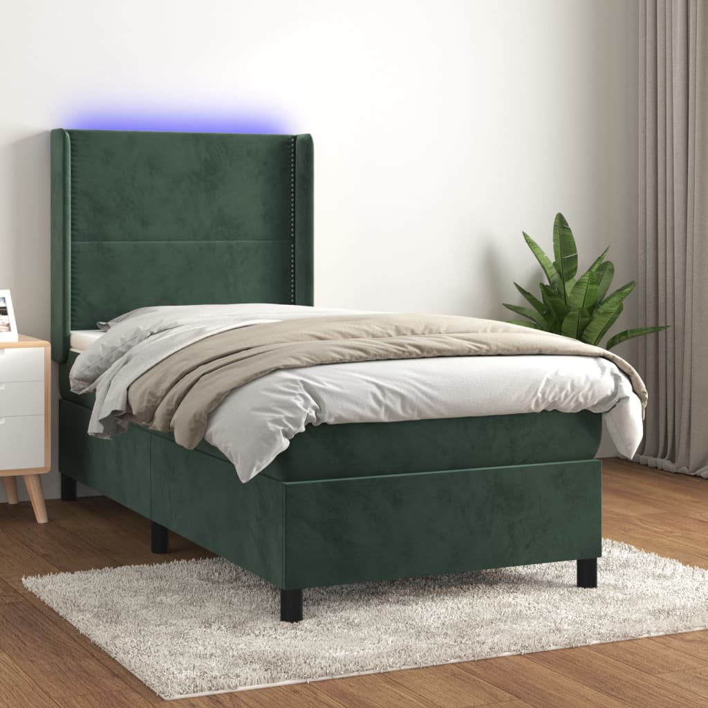 vidaXL Ramsäng med madrass & LED mörkgrön 100x200 cm sammet