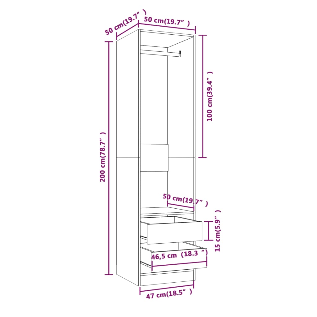 vidaXL Garderob med lådor rökfärgad ek 50x50x200 cm konstruerat trä