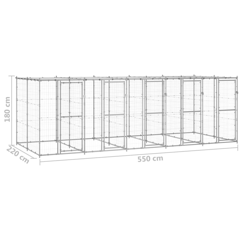 vidaXL Hundgård för utomhusbruk galvaniserat stål med tak 12,1 m²