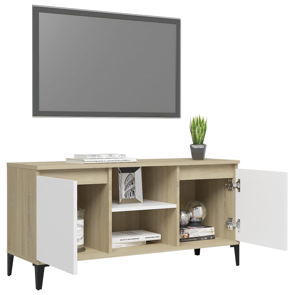 vidaXL TV-bänk med metallben vit och sonoma-ek 103,5x35x50 cm