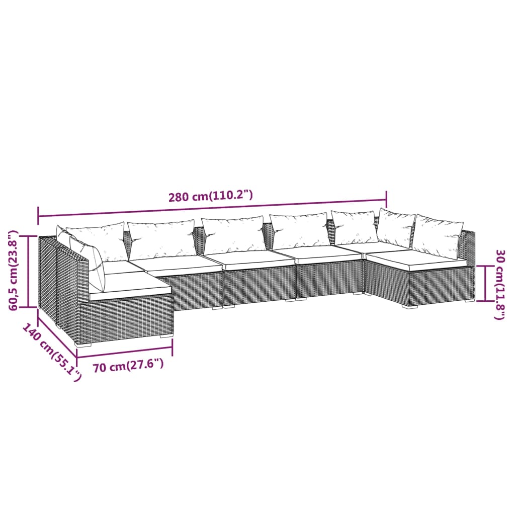 vidaXL Loungegrupp för trädgården med dynor 7 delar konstrotting grå