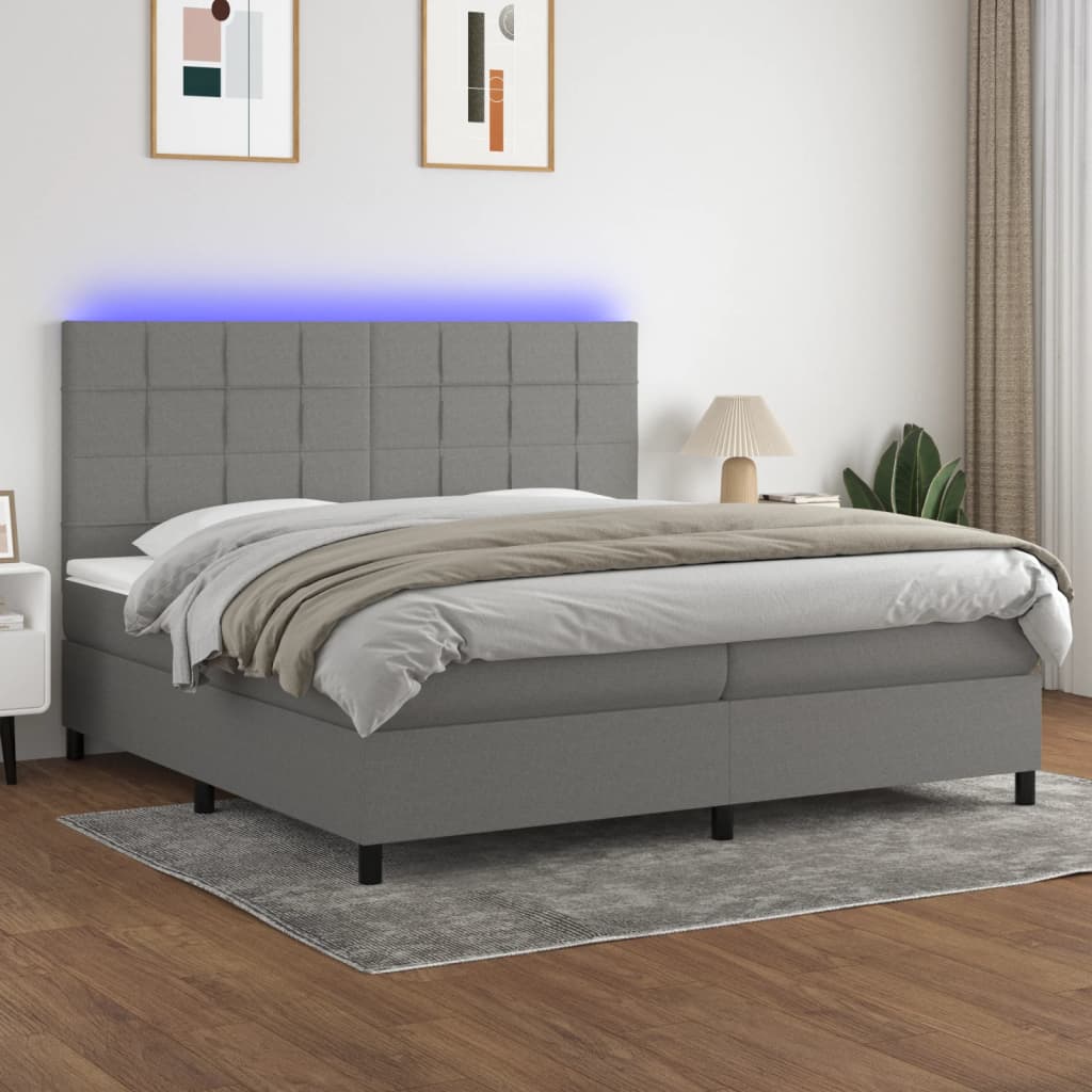 vidaXL Ramsäng med madrass & LED mörkgrå 200x200 cm tyg