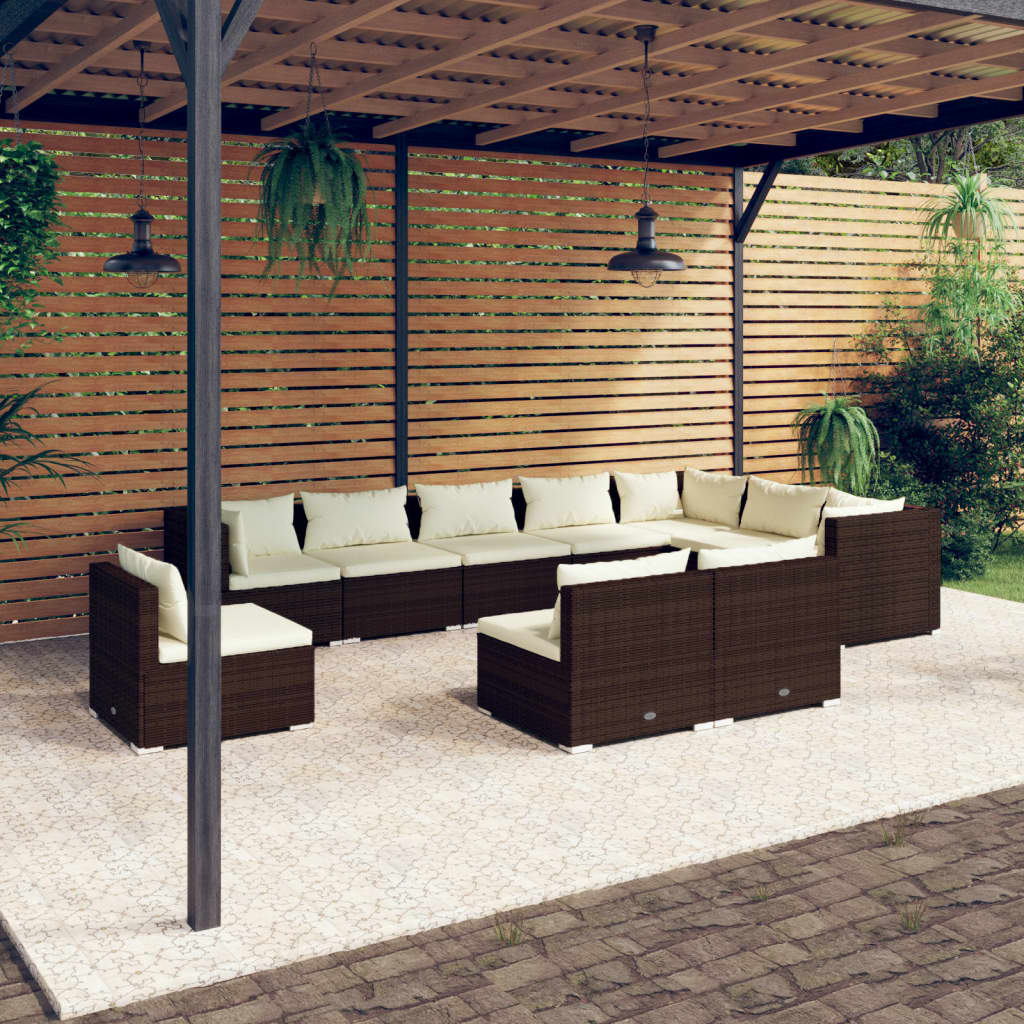 vidaXL Loungegrupp för trädgården m. dynor 10 delar konstrotting brun