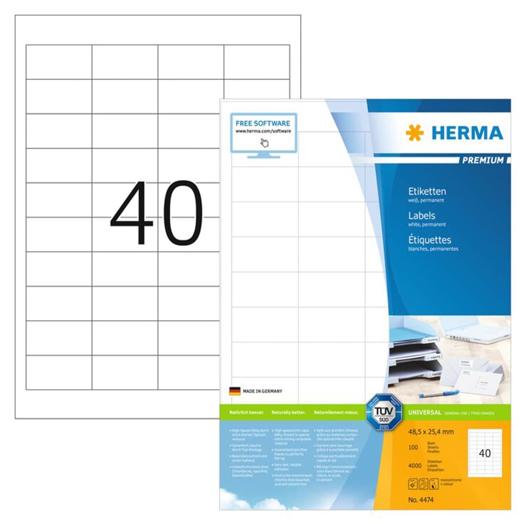 HERMA Permanenta etiketter PREMIUM A4 48,5x25,4 mm 100 ark