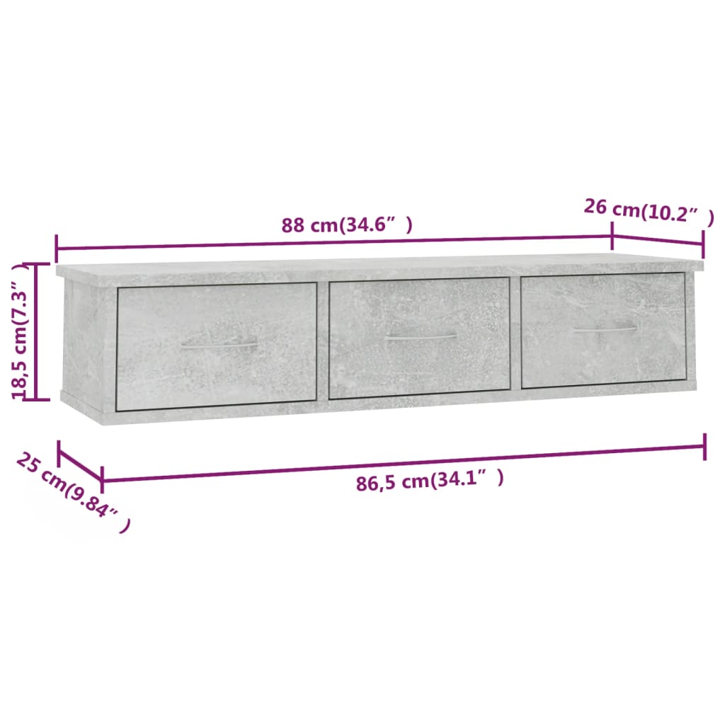 vidaXL Väggmonterade lådor betonggrå 88x26x18,5 cm spånskiva