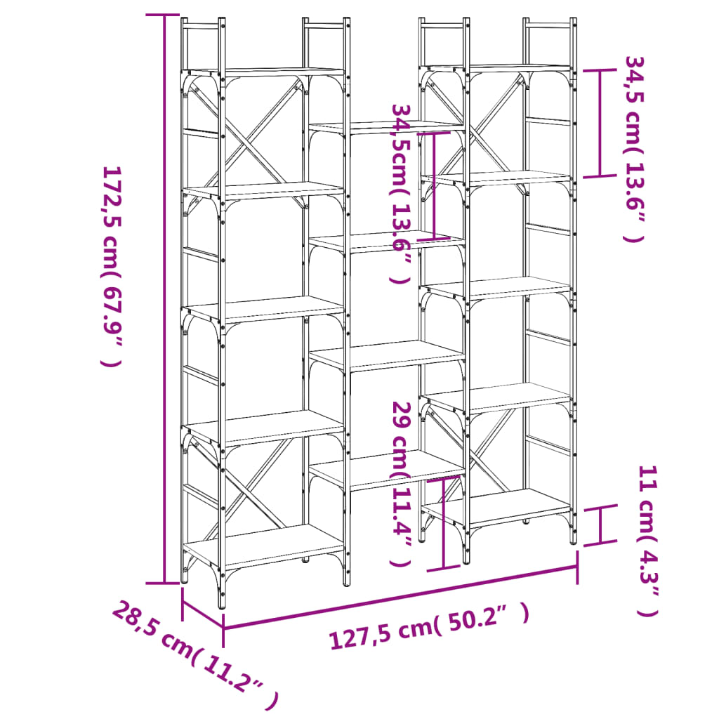 vidaXL Bokhylla sonoma-ek 127,5x28,5x172,5 cm konstruerat trä