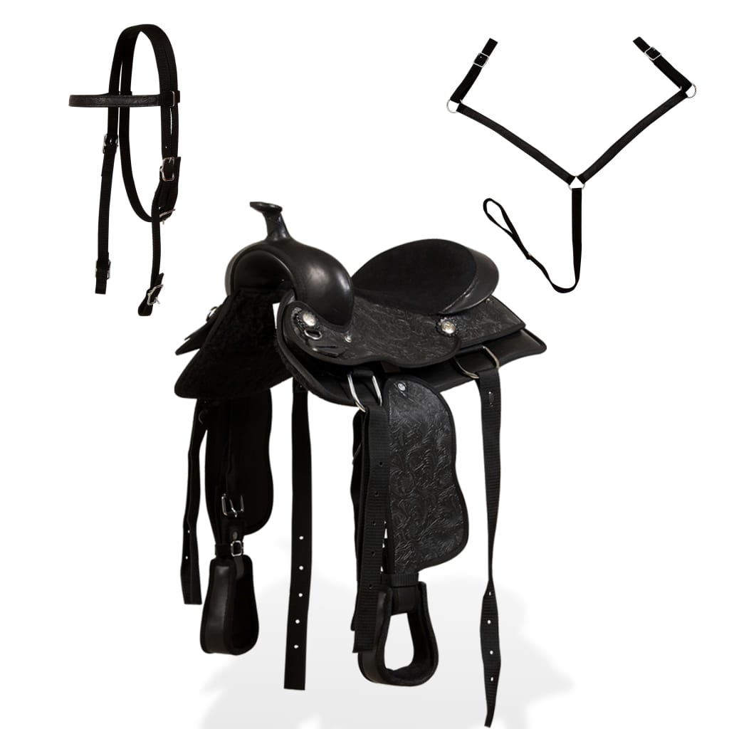 vidaXL Westernsadel träns&halsband äkta läder 12" svart