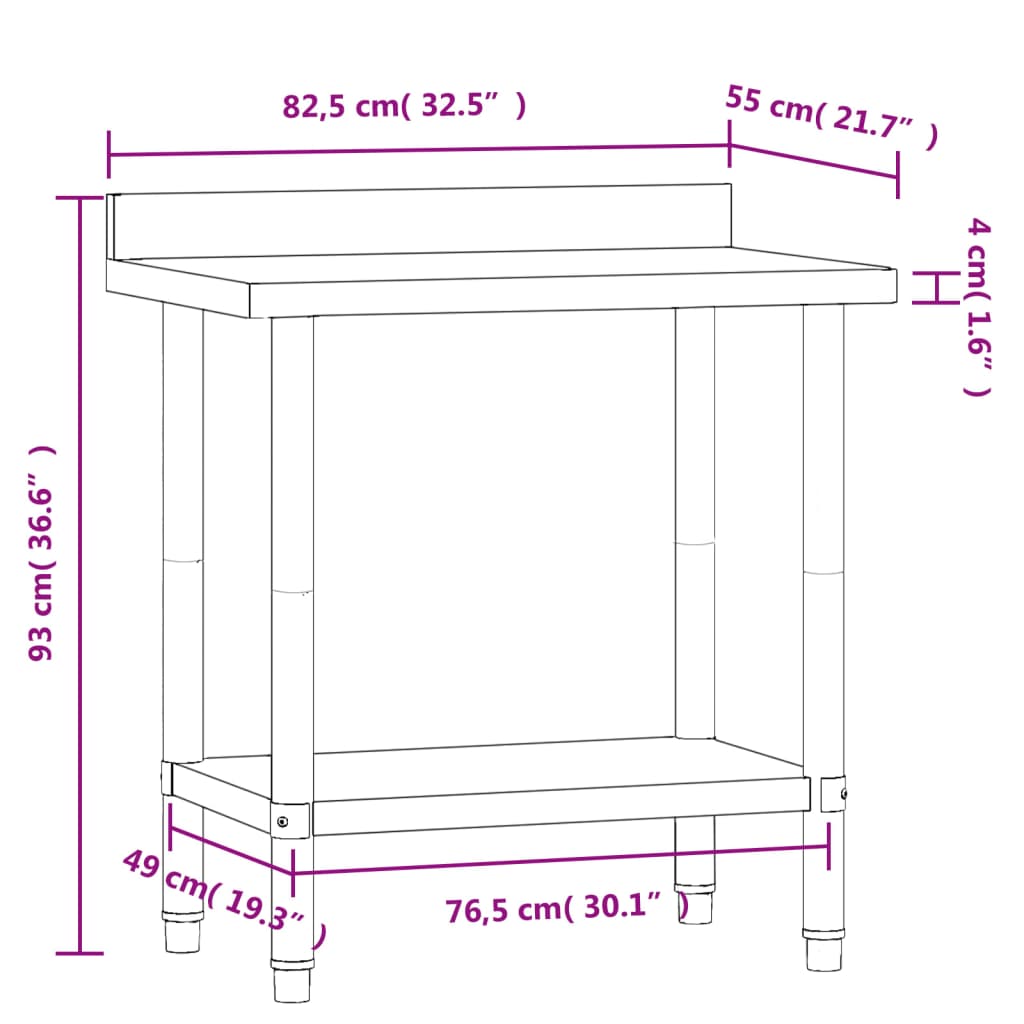 vidaXL Arbetsbord med stänkskydd 82,5x55x93 cm rostfritt stål