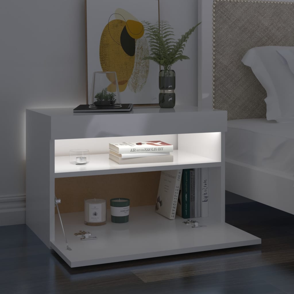 vidaXL Sängbord med LED-belysning vit högglans 60x35x40 cm