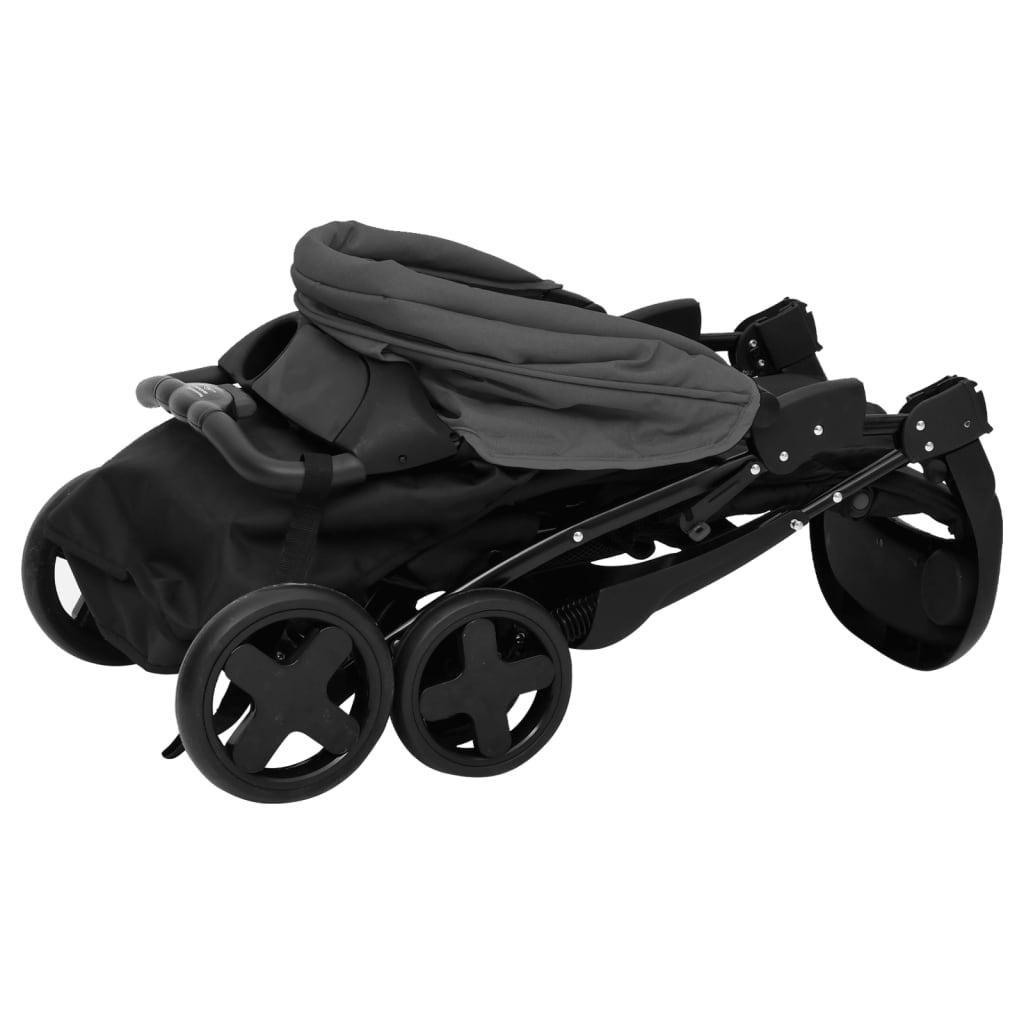 vidaXL Barnvagn 2-i-1 mörkgrå och svart stål