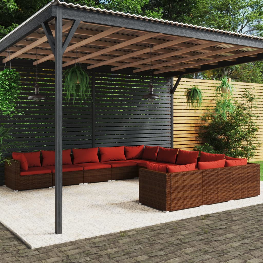 vidaXL Loungegrupp för trädgården med dynor 11delar konstrotting brun