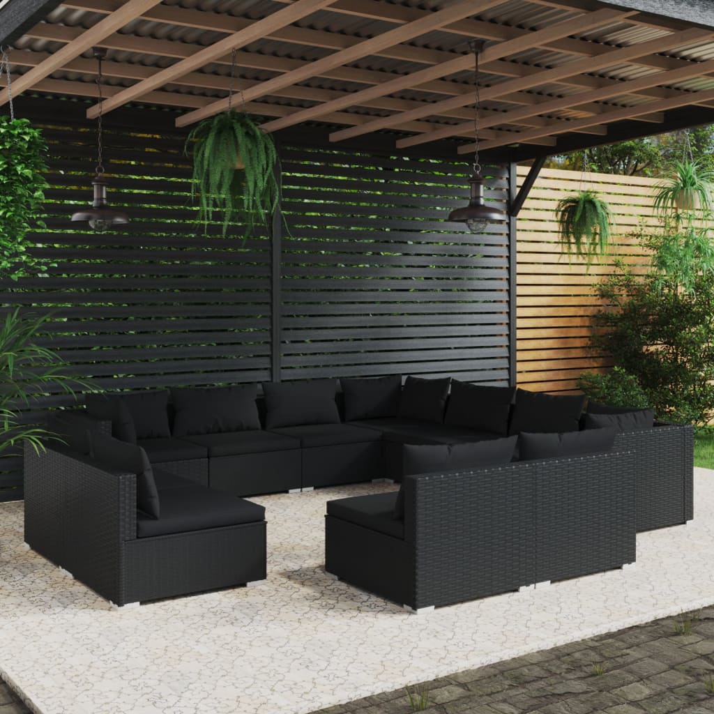 vidaXL Loungegrupp för trädgården m. dynor 11 delar svart konstrotting