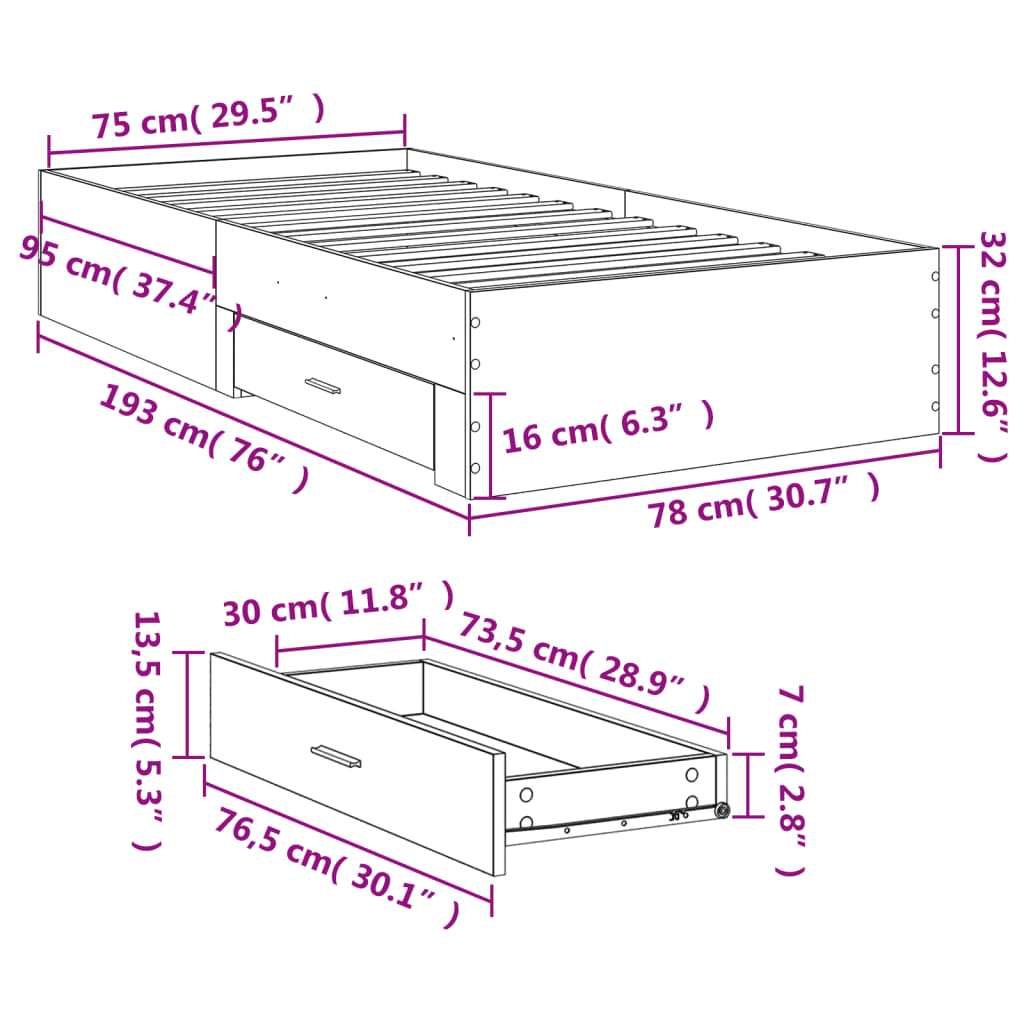 vidaXL Sängram med lådor sonoma-ek 90x190 cm konstruerat trä