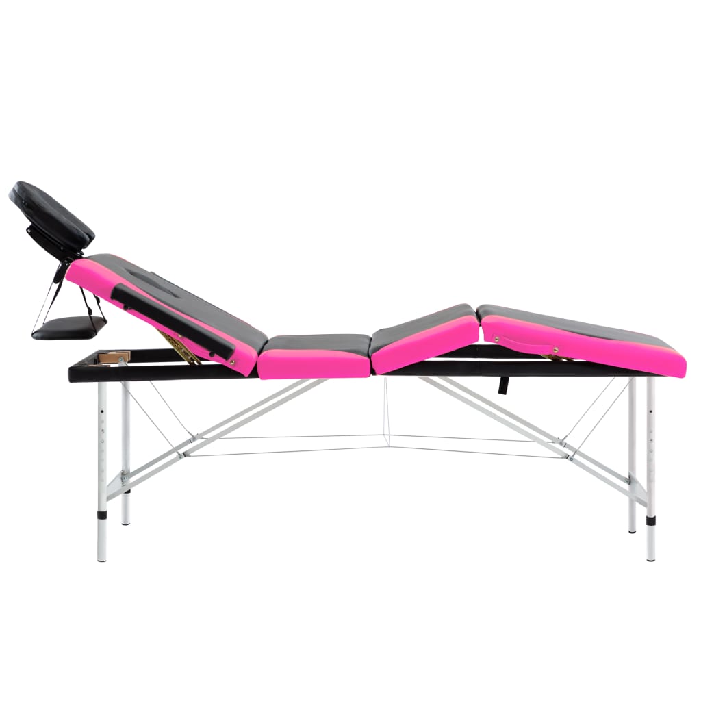 vidaXL Hopfällbar massagebänk 4 sektioner aluminium svart och rosa