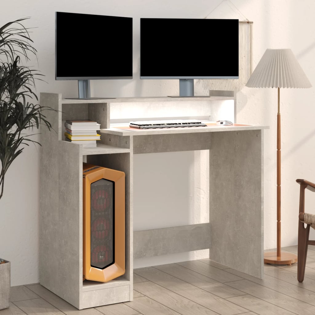 vidaXL Skrivbord med LED betonggrå 97x45x90 cm konstruerat trä