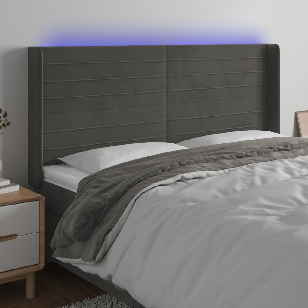 vidaXL Sänggavel LED mörkgrå 163x16x118/128 cm sammet