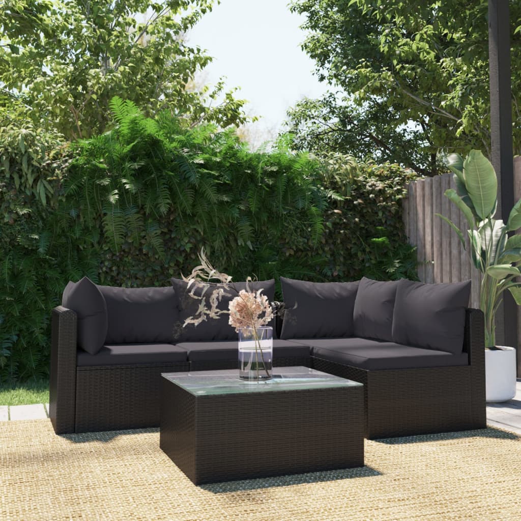 vidaXL Loungegrupp för trädgården med dynor 5 delar konstrotting svart