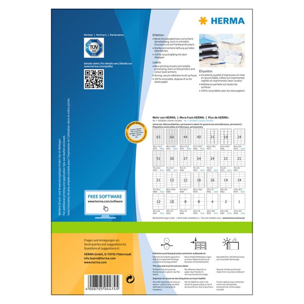 HERMA Permanenta etiketter PREMIUM A4 48,5x25,4 mm 100 ark