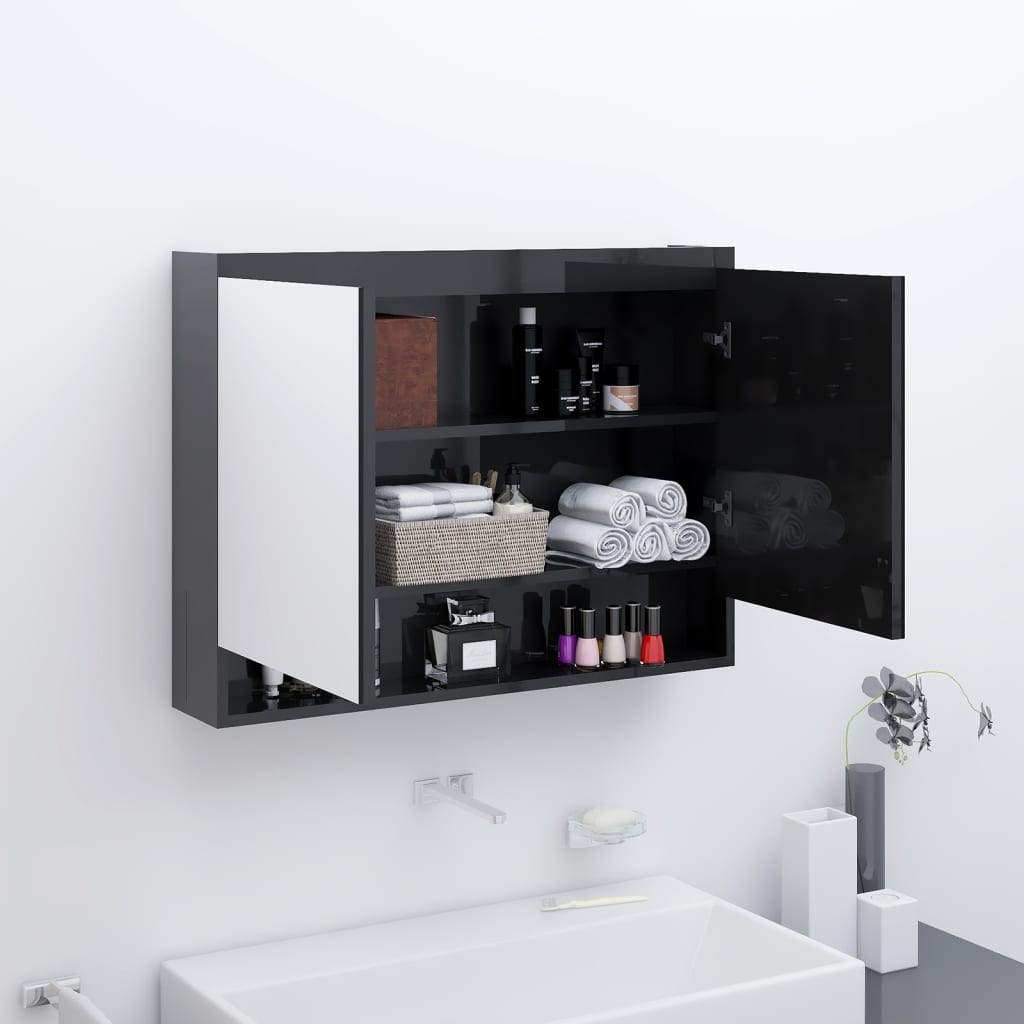 vidaXL Spegelskåp för badrum svart glänsande 80x15x60 cm MDF