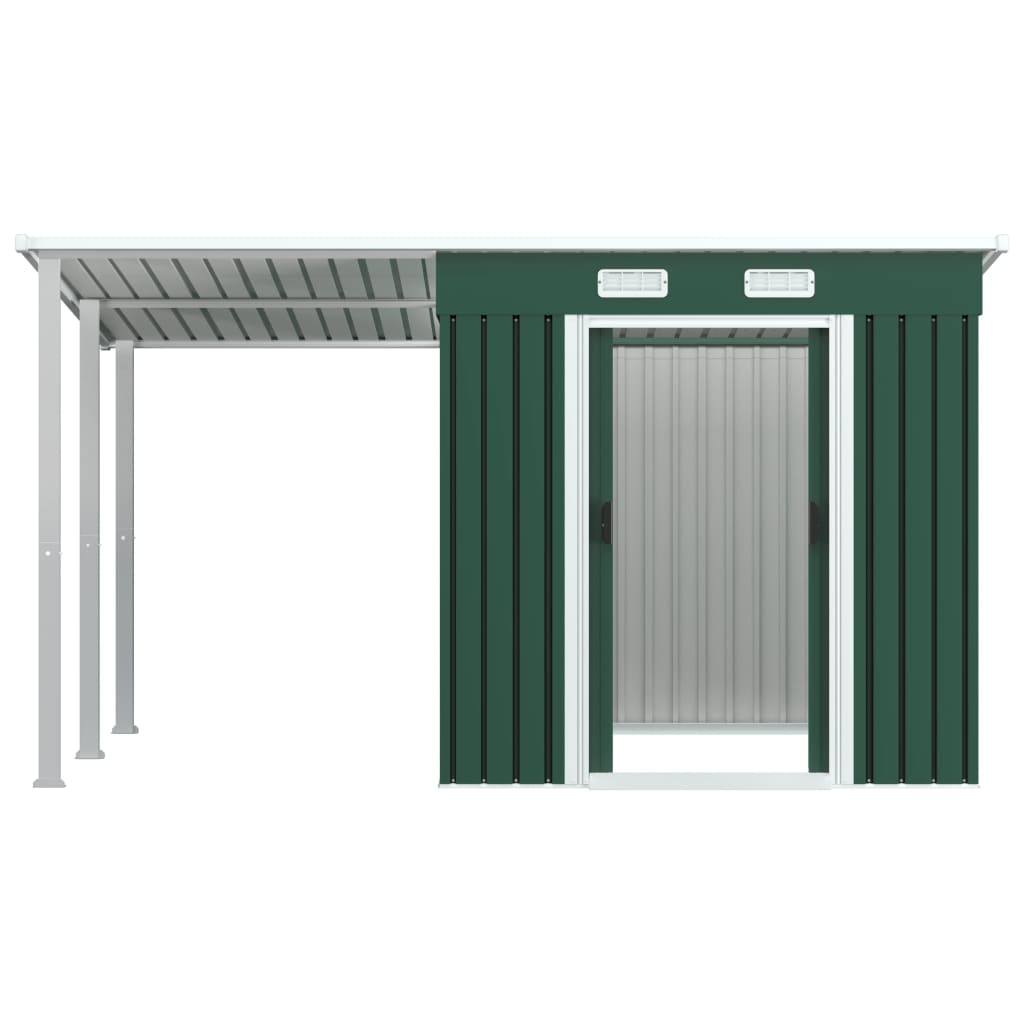 vidaXL Trädgårdsbod med förlängt tak grön 346x193x181 cm stål