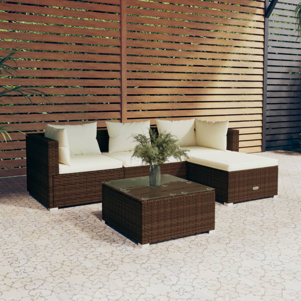 vidaXL Loungegrupp för trädgården med dynor 5 delar konstrotting brun