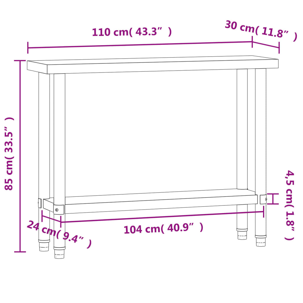 vidaXL Arbetsbord 110x30x85 cm rostfritt stål