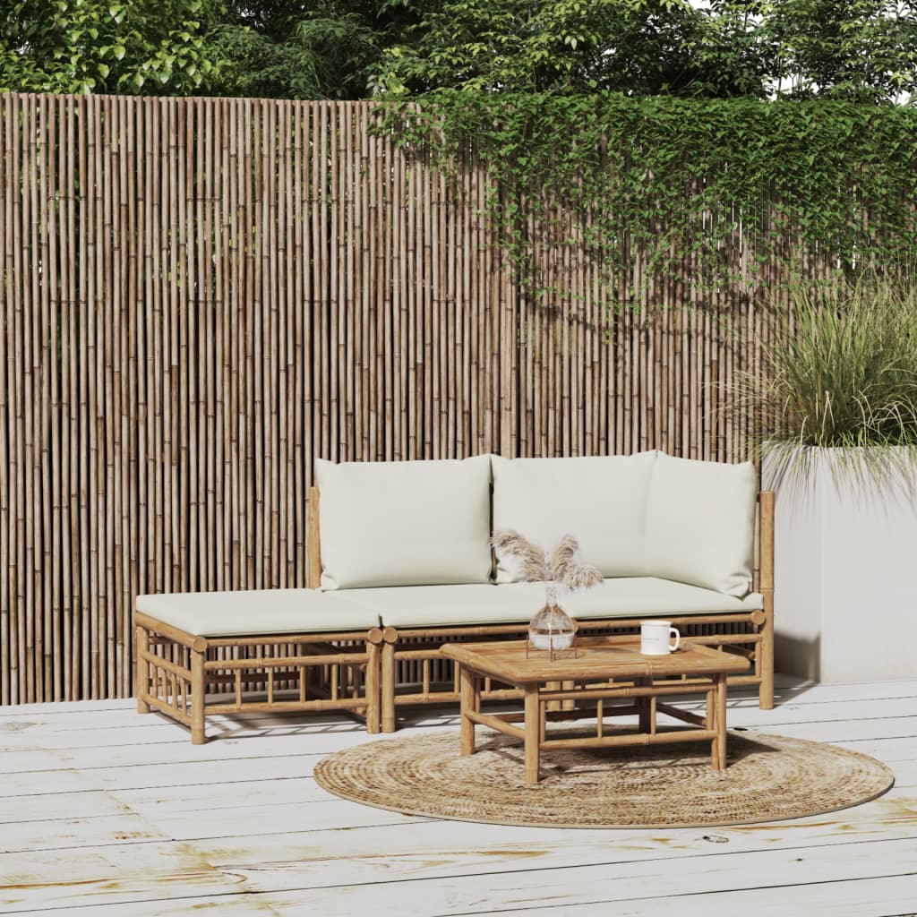 vidaXL Loungegrupp för trädgården med gräddvita dynor 3 delar bambu
