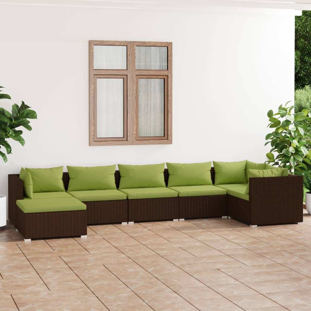 vidaXL Loungegrupp för trädgården med dynor 7 delar konstrotting brun