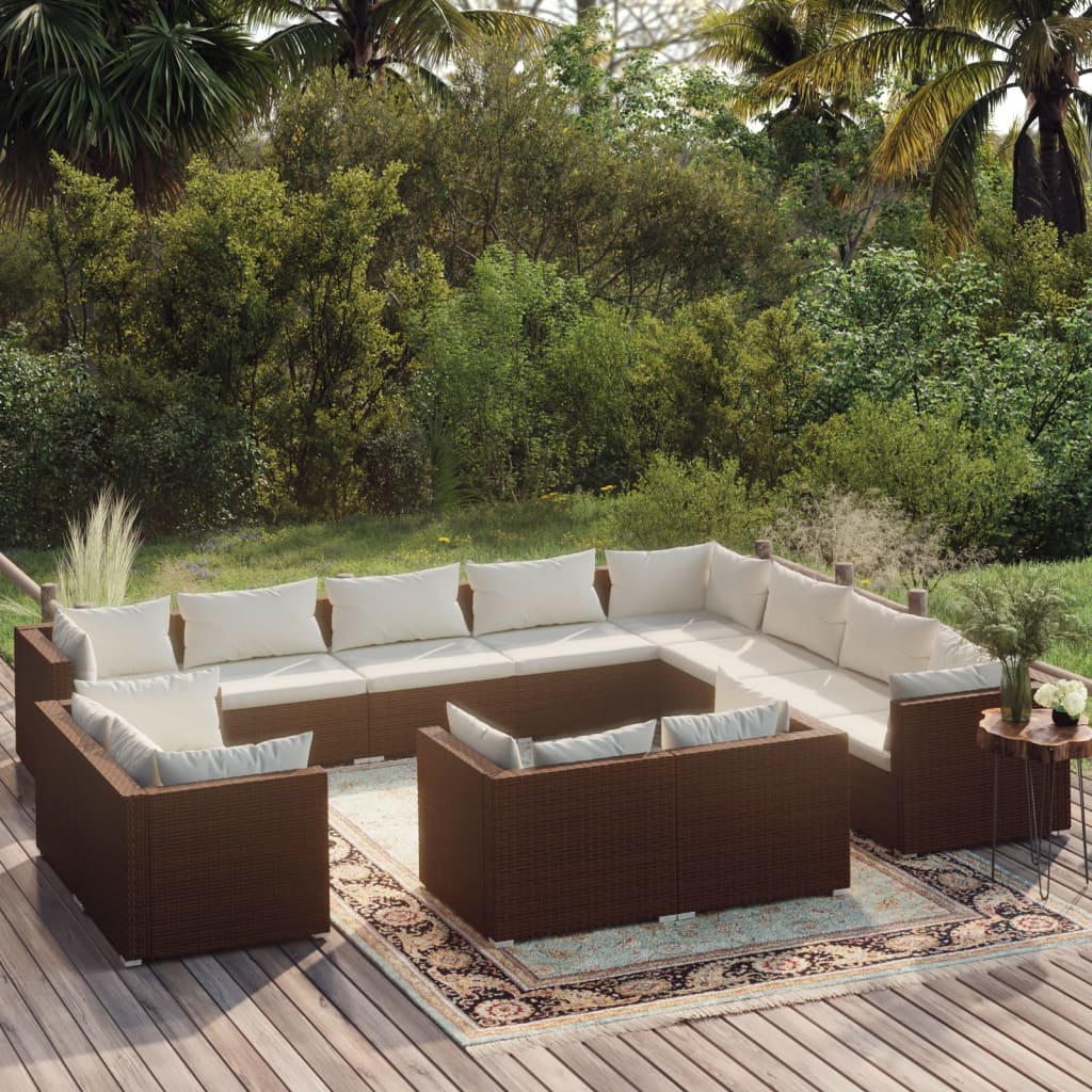 vidaXL Loungegrupp för trädgården m. dynor 12 delar brun konstrotting