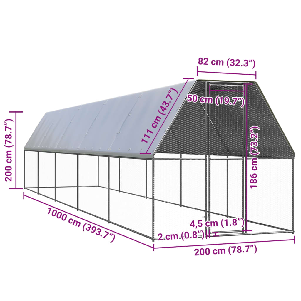 vidaXL Hönsbur för utomhusbruk 2x10x2 m galvaniserat stål