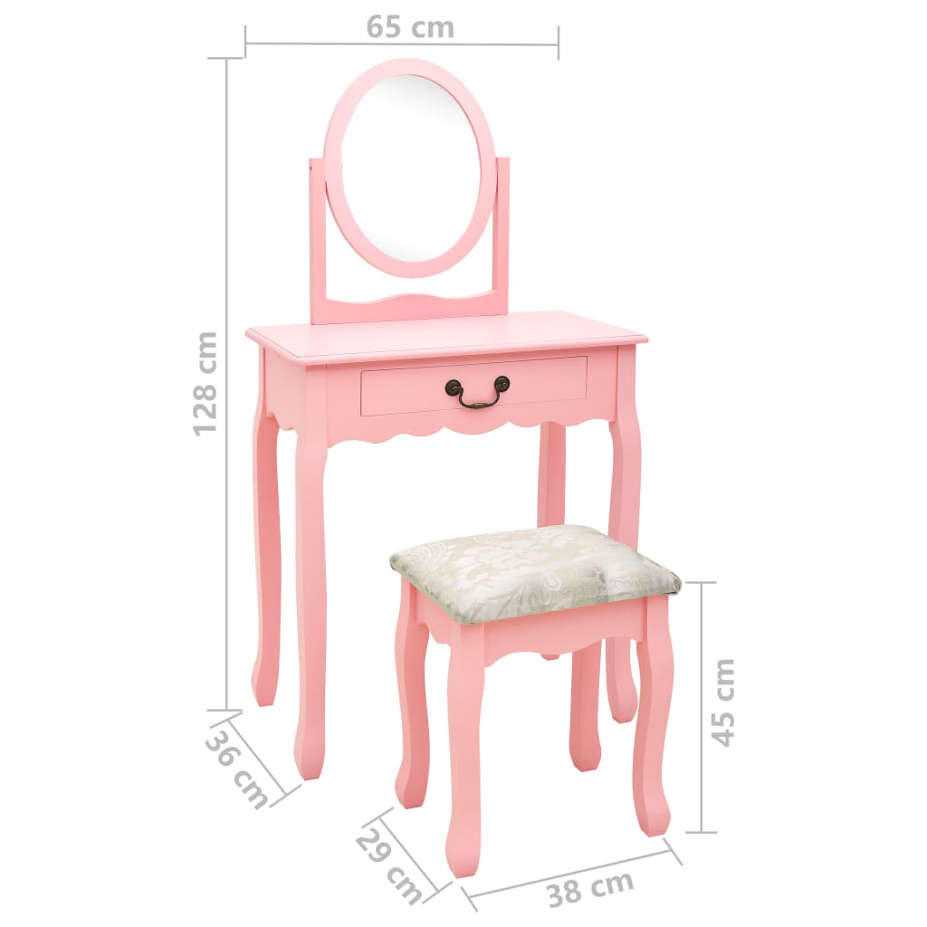 vidaXL Sminkbord med pall rosa 65x36x128 cm kejsarträ MDF