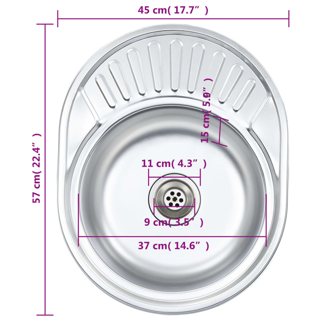 vidaXL Diskbänk med sil och vattenlås oval rostfritt stål