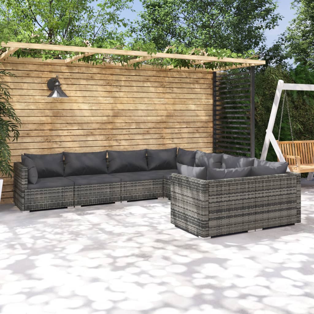 vidaXL Loungegrupp för trädgården med dynor 8 delar konstrotting grå