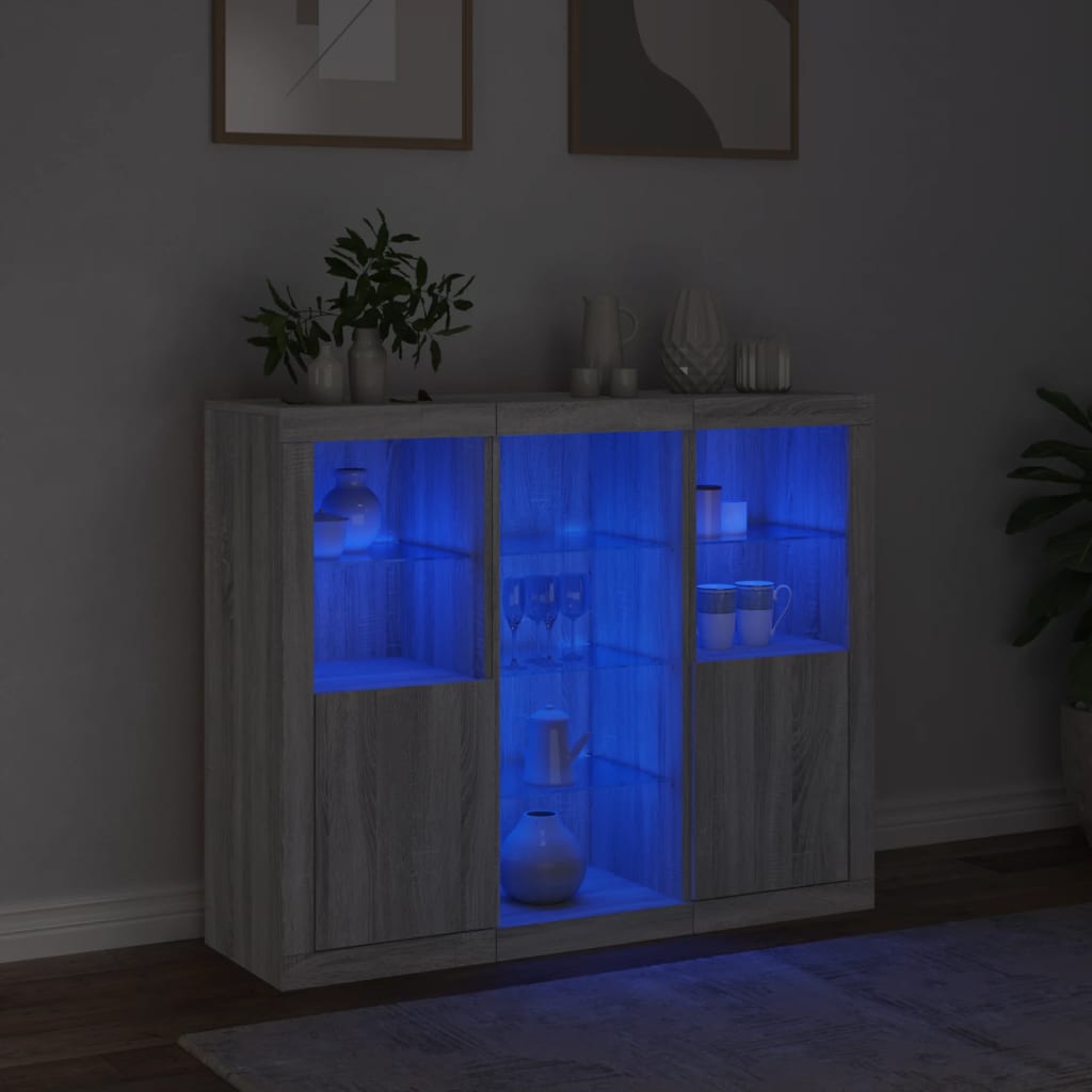 vidaXL Skänkar med LED-belysning 3 st grå sonoma konstruerat trä