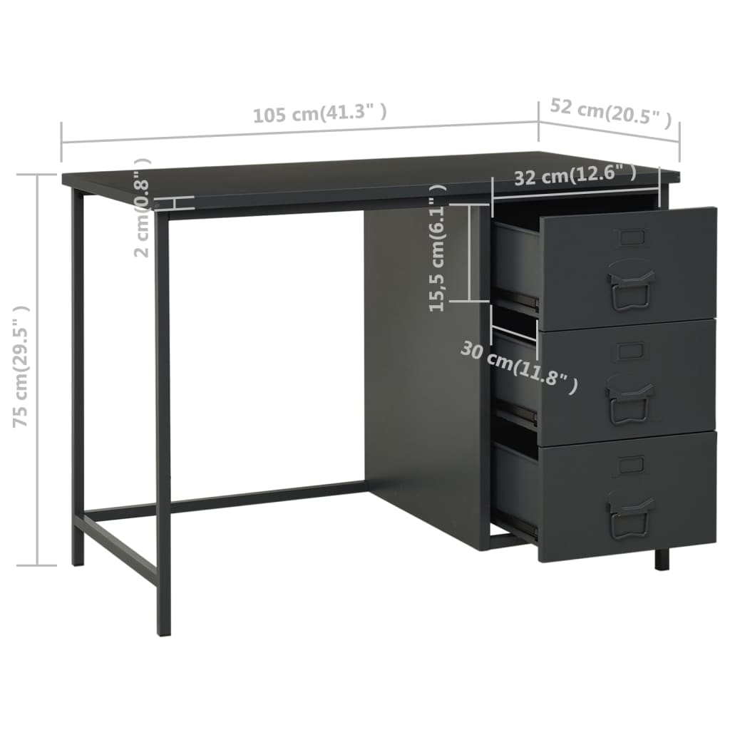 vidaXL Skrivbord med lådor industriell antracit 105x52x75 cm stål