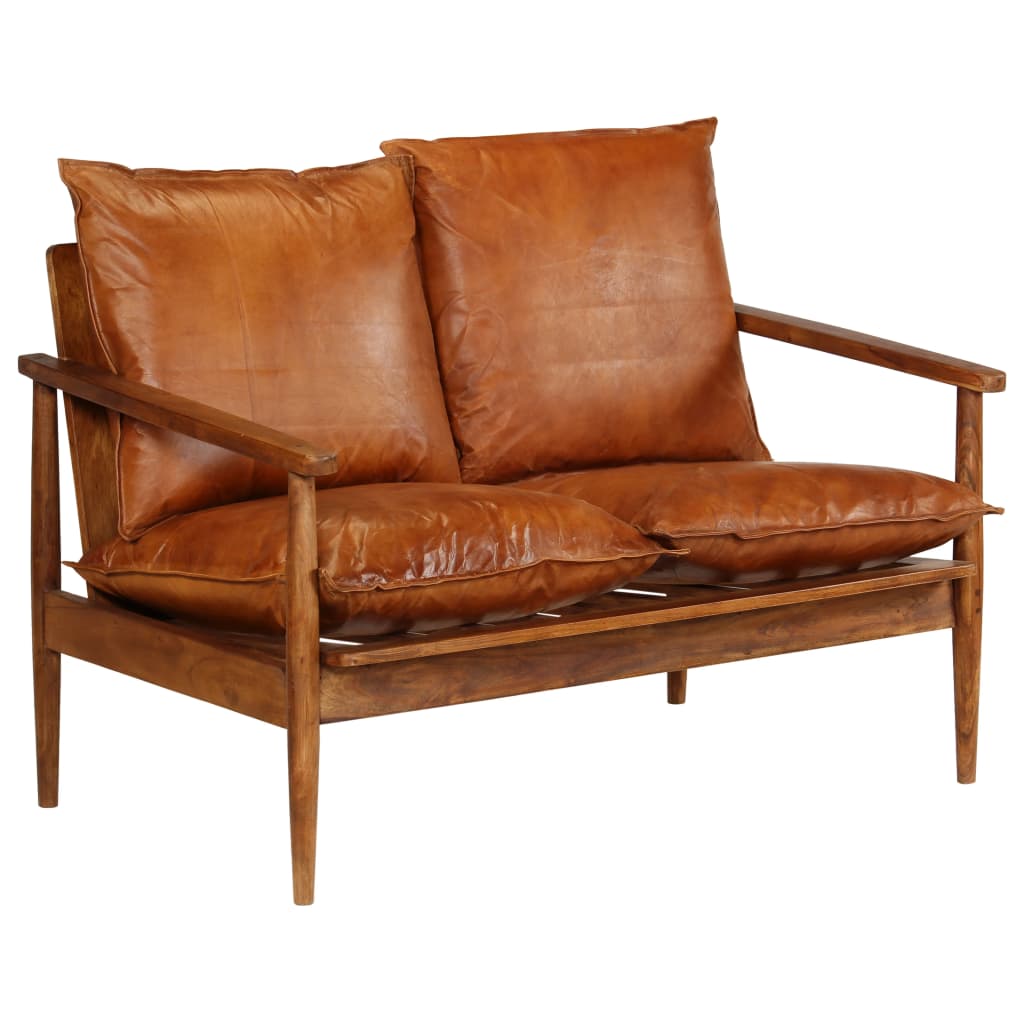 vidaXL 2-sitssoffa i äkta läder med akaciaträ brun