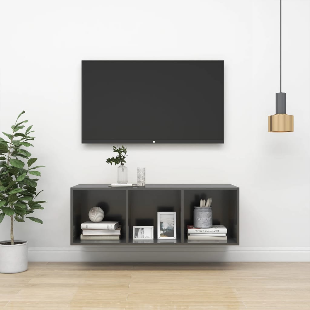 vidaXL Väggmonterad tv-bänk grå högglans 37x37x107 cm spånskiva