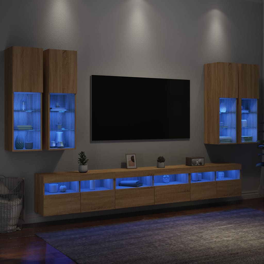 vidaXL Väggmonterade tv-skåp 7 delar med LEDs sonoma-ek