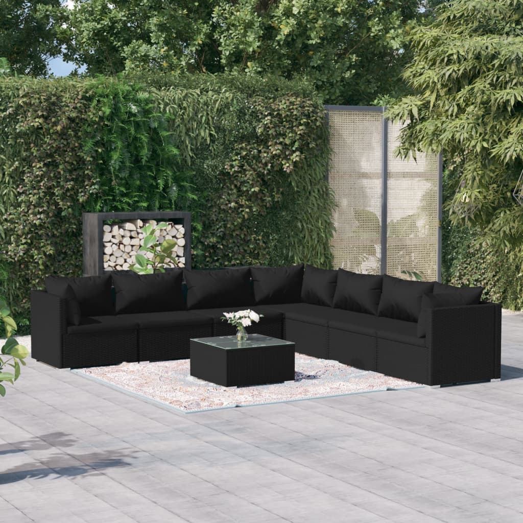 vidaXL Loungegrupp för trädgården med dynor 8 delar konstrotting svart