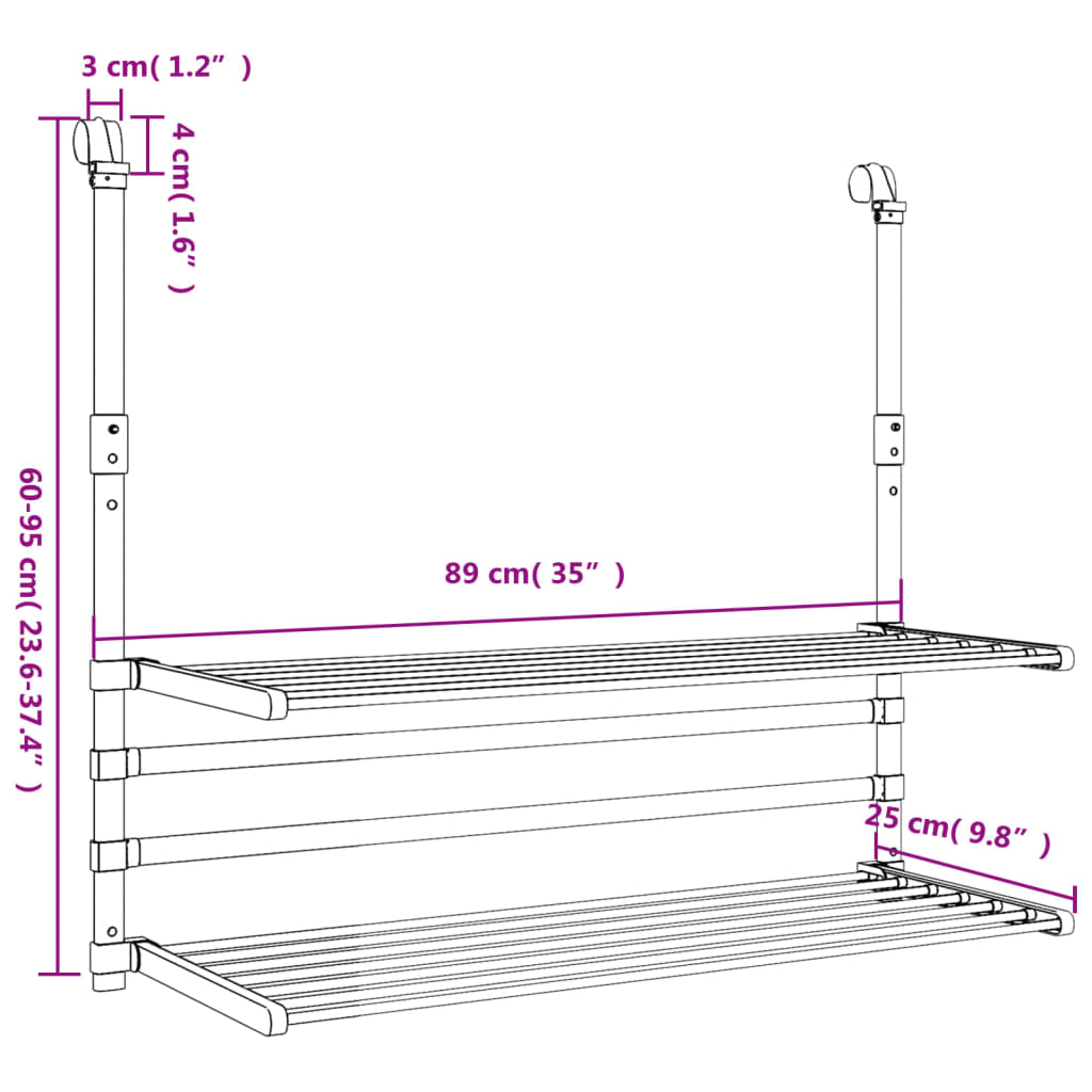 vidaXL Torkställ för balkong 89x25x (60-95) cm aluminium
