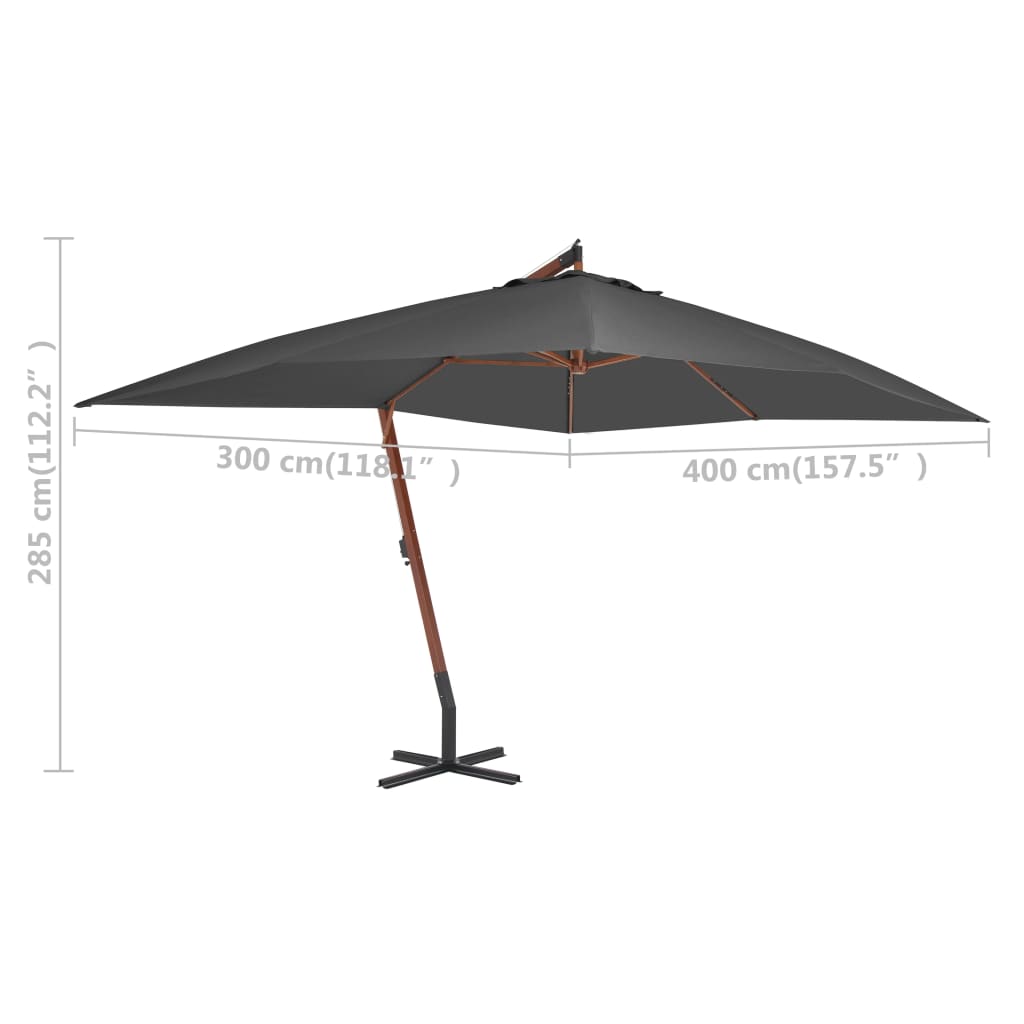 vidaXL Frihängande parasoll med trästång 400x300 cm antracit